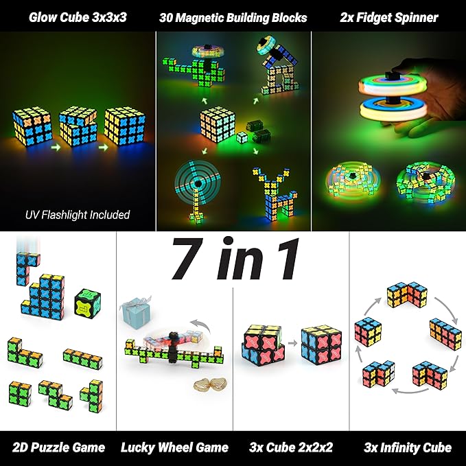 TOSY Magnet Cube 3x3 - 240 Magnets, 30 Blocks, 7 in 1: Puzzle Cube Game, Creative Building Blocks, Transformable Fidget Spinner, Infinity Cube, Magnet Tiles, UV Flashlight, Glowing STEM Toy, 2-Pack