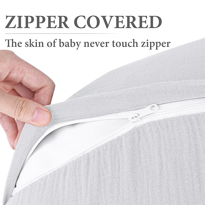 Pro Goleem Muslin Nursing Pillow Cover, 100% Cotton Soft Breathable Feeding Pillow Slipcover for Breastfeeding Moms, Fits Standard Infant Nursing Pillow, for Boys and Girls, 2 Pack (Grey＆Green)