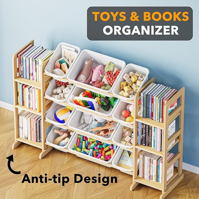 SpaceAid Toy Storage Organizer with 6 Shelves and 12 Bins, Bookshelf/Bookcase, Kids Bin Shelf, Toys Box for Playroom Organization for Bedroom & Room Decor, White, 52.3" W