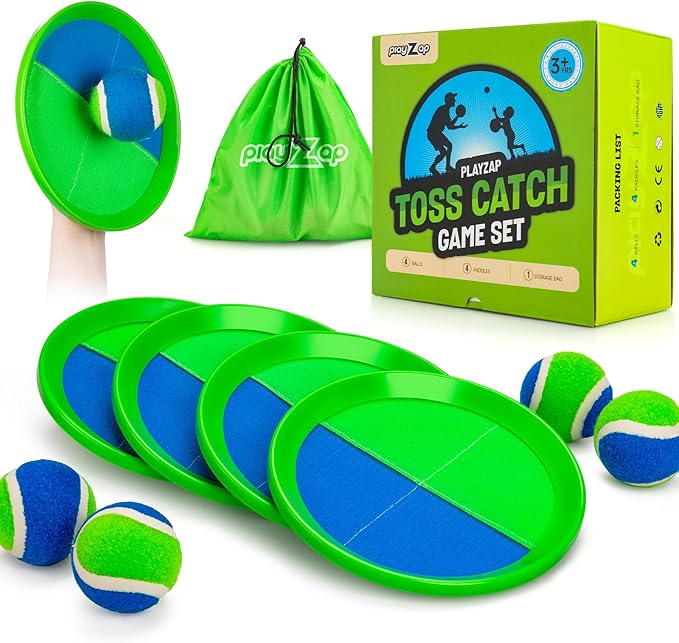 Toss and Catch Ball Set 4 Pack - Beach Toys Pool Toys Outdoor Games for Family Toddlers Kids Adults - Outside Yard Toys - Classic Birthday Gift for 3 4 5 6 7 8 9 10 11 12+ Years Old Boys Girls