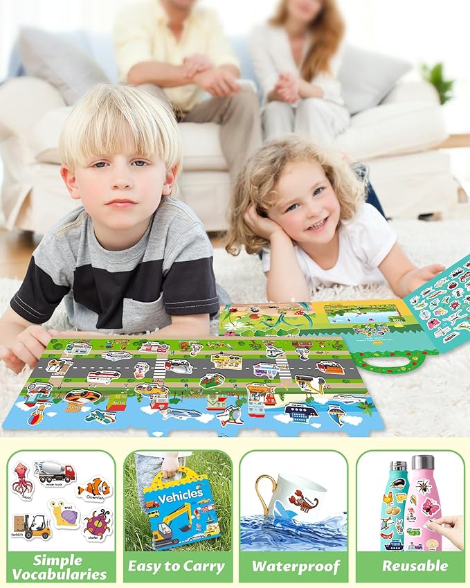 Reusable Sticker Book for Toddlers 2-4 Years, Stickers for Kids, Toddler Sticker Book Ages 1-3, Toddler Craft Activities, Toddlers Travel Toys Ages 2+ Boy Girl Birthday Gifts