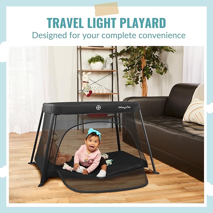Dream On Me Travel Light Playard with Mesh Zipper Door in Black