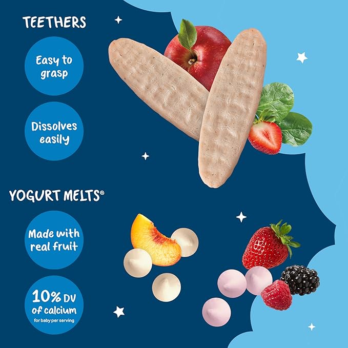 Gerber Baby Food, Baby Snacks, Discovery Pack, Teethers Strawberry Apple Spinach (2) and Yogurt Melts Mixed Berries (2) Peach (2), Crawler (8+ Months) Variety Pack (Pack of 6)