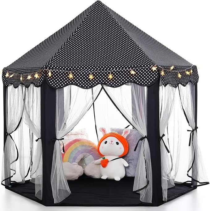 Monobeach Princess Tent Girls Black Large Playhouse Kids Castle Play Tent with Star Lights Gift Toy for Children Indoor and Outdoor Games
