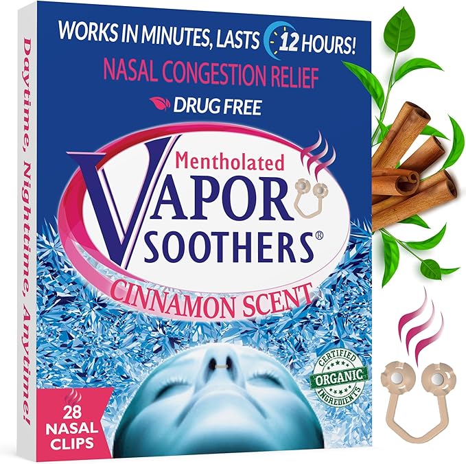 Mentholated Nasal Dilators for Breathing, Congestion, and Snoring - 28 Count Dual-Action Nose Inserts for Daytime and Nighttime Use - Hidden Nostril Opener Clips Last Up to 12 Hours - Cinnamon