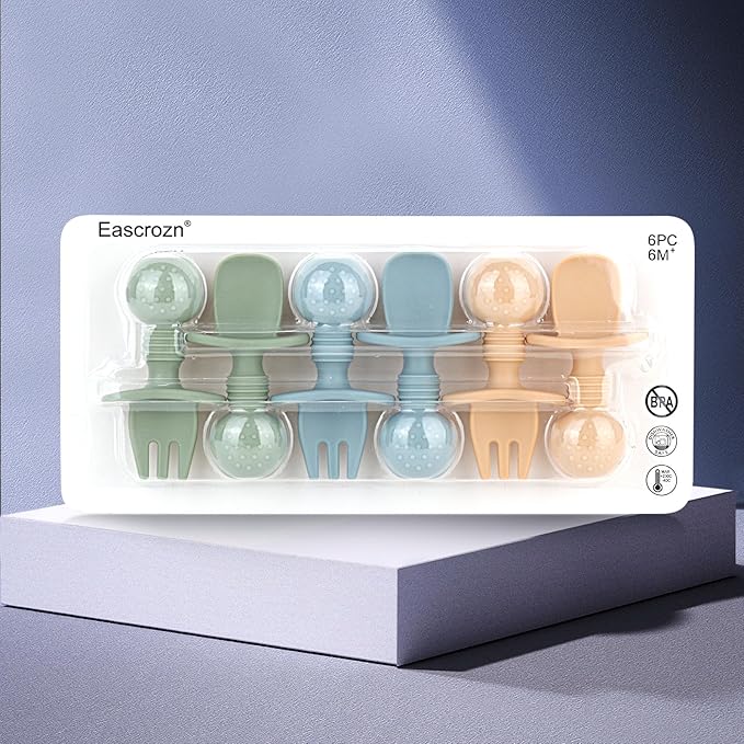 Baby Spoons and Forks Feeding Set, 6 Pack Silicone First Stage Self Feeding Toddler Utensils, BPA Free, Baby Led Weaning Supplies for Training Spoons