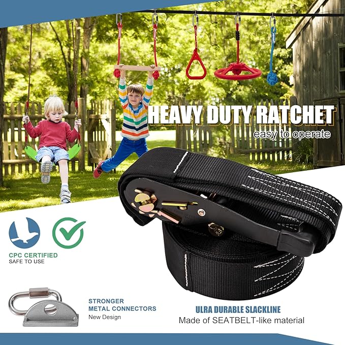 Slsy 60FT Ninja Warrior Obstacle Course with 10 Obstacles, Ninja Slackline Kit for Kids, Durable Playset Equipment for Boys & Girls with Monkey Bar, Swing, Climbing Ladder & Net