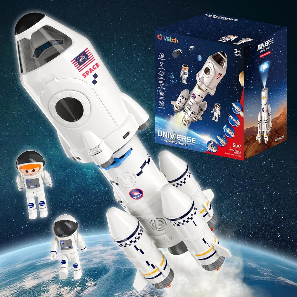 Space Shuttle Rocket Ship Toys for Kids Boys Age 3 4 5 6 7 8 9 Years Old, 5-in-1 STEM Science Educational Aerospace Toys with 2 Astronauts Figures, Projection Lamp, Space Toy Gift Birthday Christmas