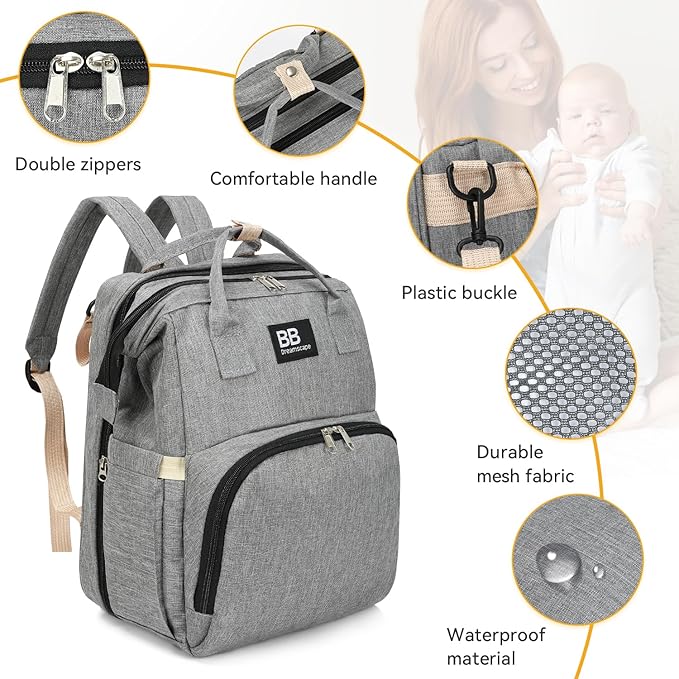 Diaper Bag Backpack with Changing Station – Large Waterproof Baby Bag for Moms & Dads, Pañaleras para Bebe, Multifunctional Diaper Backpack for Baby Girl, Travel Essentials (Gray)