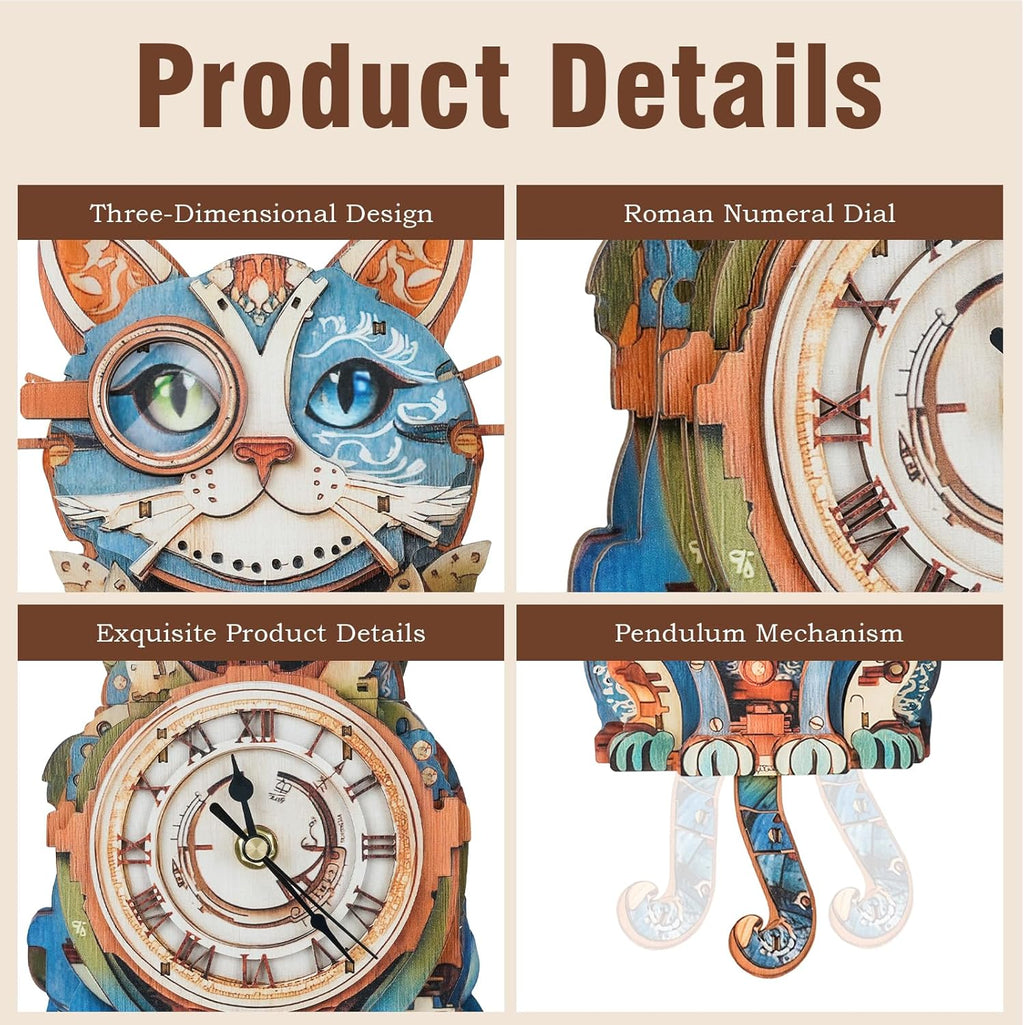 3D Puzzles for Adults Clock-Cat Detective Design Model Kit-Mechanical DIY Pendulum Clock with Roman Numerals-Desk Home Office Decor Personalized Gift for DIY Lovers
