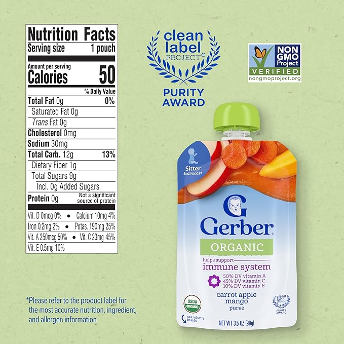 Gerber Stage 2 Baby Food, Organic Carrot Apple Mango, Baby Food Pouches, Puree, 12PK