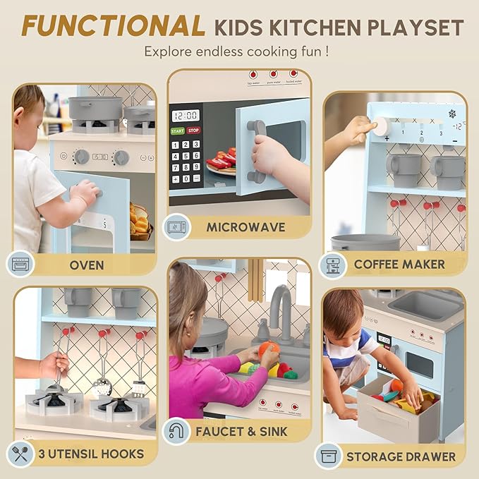 BIERUM Play Kitchen with Realistic Lights & Sounds, Wooden Kitchen Playset Chef Pretend Play Set for Toddlers, Toy Kitchen with 26 Pcs Toy Food & Cookware Accessories, Gift for Ages 3+