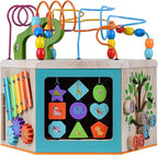 Teamson Kids Preschool Play Lab 7-in-1 Large Wooden Activity Cube Station Center Bead Maze and Counting for Kids Baby Toys, Natural