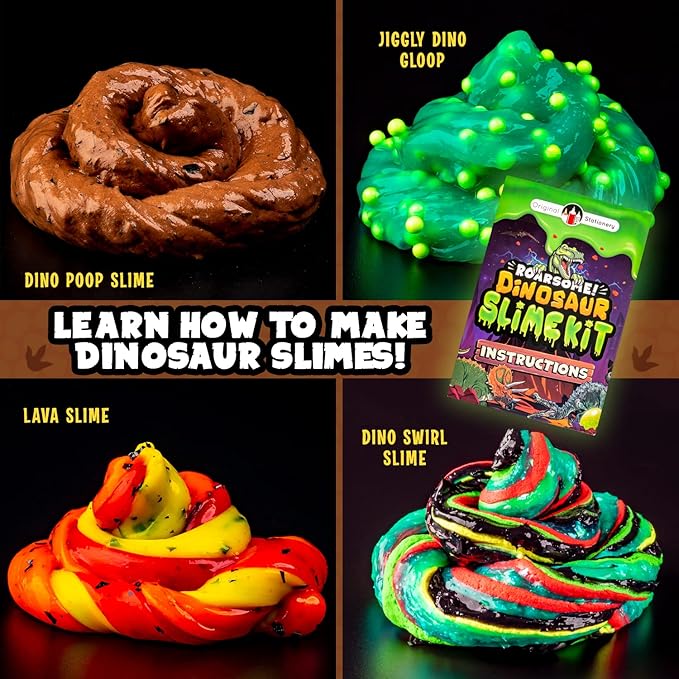 Original Stationery Dinosaur Slime Kit for Boys - Small Multicolor Original Style - Glow-in-The-Dark & Glitter DIY Slime Making Set with Lava, Blood & Dino Poop Effects