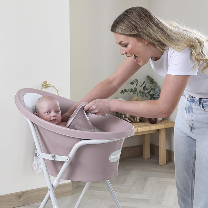 Shnuggle Newborn Baby Bath | Built in Support Bump and Soft Backrest | Suitable from Newborn | Bath Seat Support Includes Plug | Blossom Pink