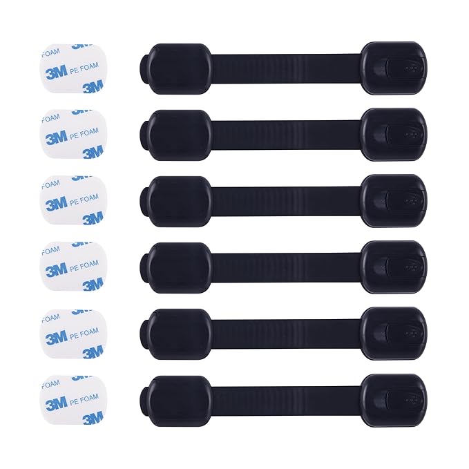 Child Safety Cabinet Locks (6 Pack) – Adjustable Baby Proofing Strap Latches with Strong 3M Adhesive – No Drill Childproof Locks for Drawers, Cabinets, Fridge, Door, Closet, Black