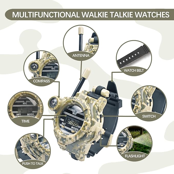 Walkie Talkies for Kids Rechargeable, Spy Watch Army Toys, 7 in 1 Walkie Talkie Watches with Flashlight, Two-Way Radios Long Range Interphone Toy Gifts for Boys Girls fit Outdoor Game Camping