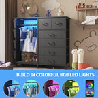 6 Drawer Dresser for Bedroom with Clothes Rack, Clothes Dresser with Side Pockets and Hooks, Charging Station & LED Lights, Wooden Top, Fabric Storage (Black)
