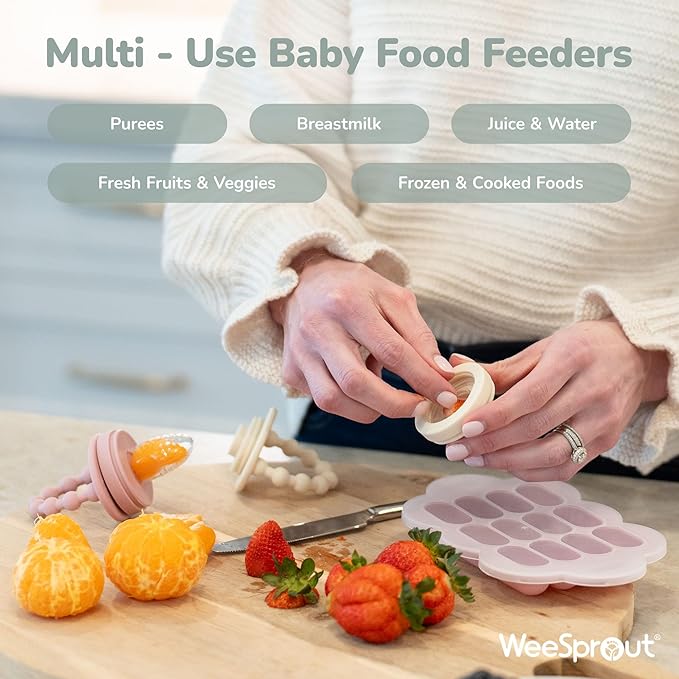 WeeSprout Silicone Baby Food Feeders + Freezer Tray for Batch Prep, Set of 2, Introduce New Foods Safely, Double as Teething Toys, Includes 2 Extra Pouches & Travel Lids, Dishwasher Safe
