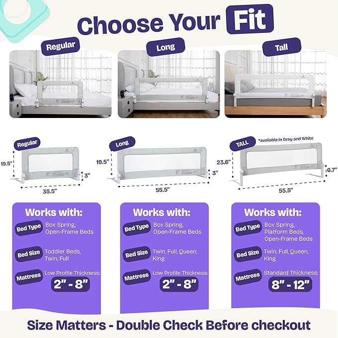 ComfyBumpy 2-Pack Bed Rail for Toddlers 55.5" L x 19.5" H | Toddler Bed Rails for Twin, Full, Queen & King Mattress Size | Swing Down Rail Guard | Mattress Side Rail for Kids | Gray