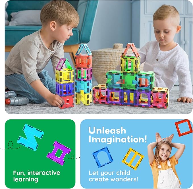 PicassoTiles 42pcs Magnetic Tiles Magnet Blocks See-Through Shape STEM Toys Building Block Educational Playset Compatible with Major Brand Tile -Starter Set for Boys and Girls Toddlers Ages 3+ PT42