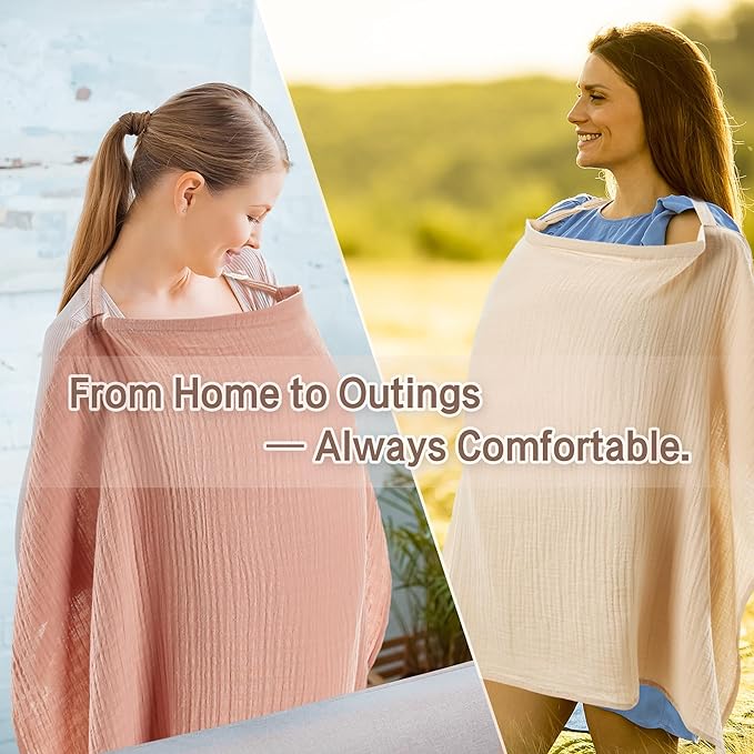 2 Pack Nursing Covers 100% Cotton Breastfeeding Cover Privacy Muslin Full Coverage Nursing Scarf Gift Box (Linen & Dusty Pink)