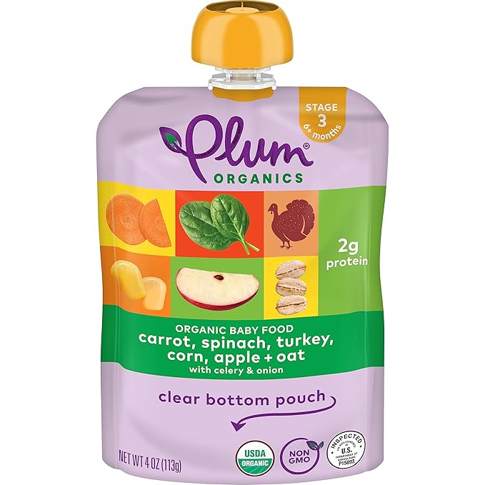 Plum Organics Stage 3 Organic Baby Food - Carrot, Spinach, Turkey, Corn, Apple, and Oat - 4 oz Pouch (Pack of 6) - Organic Baby Food Pouch