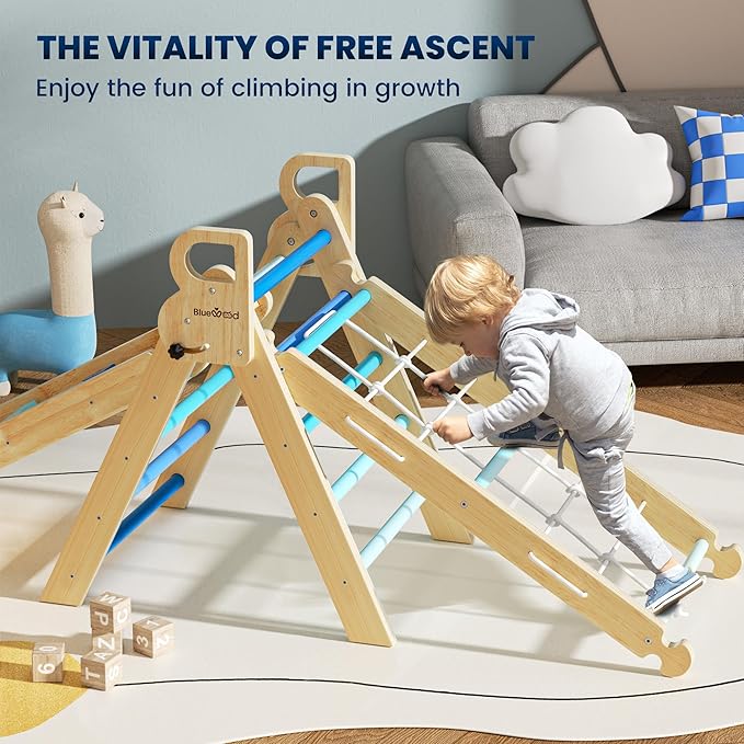 BlueWood 2025 8-in-1 Pikler Triangle Climbing Set Toddler Toys Indoor Baby Jungle Gym Climber Playground for Kids - Sky Blue