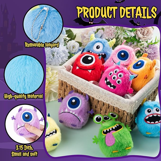 Libima 9 Pcs Mini Stuffed Animals Keychains 3.15 Inch Small Plush Cute Ornaments Bulk Toys for Baby Shower Birthday Party Decors Gift Bags Fillers Halloween Christmas Basket Stuffers(Fluffy Monsters)