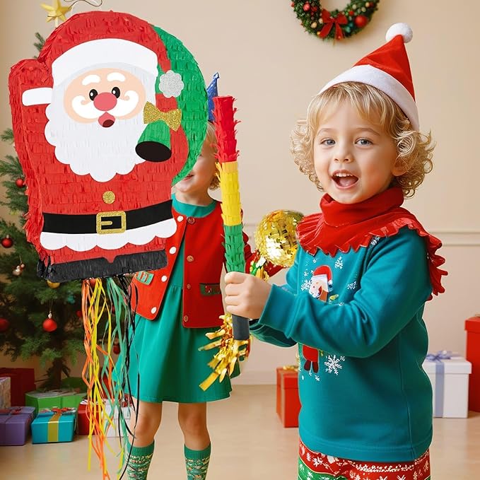 WERNNSAI Christmas Piata Large Pull String With Blindfold Bat - Cute Santa for Party Games, Red Decorations 16.5" x 12.4" - Gifts for Kids