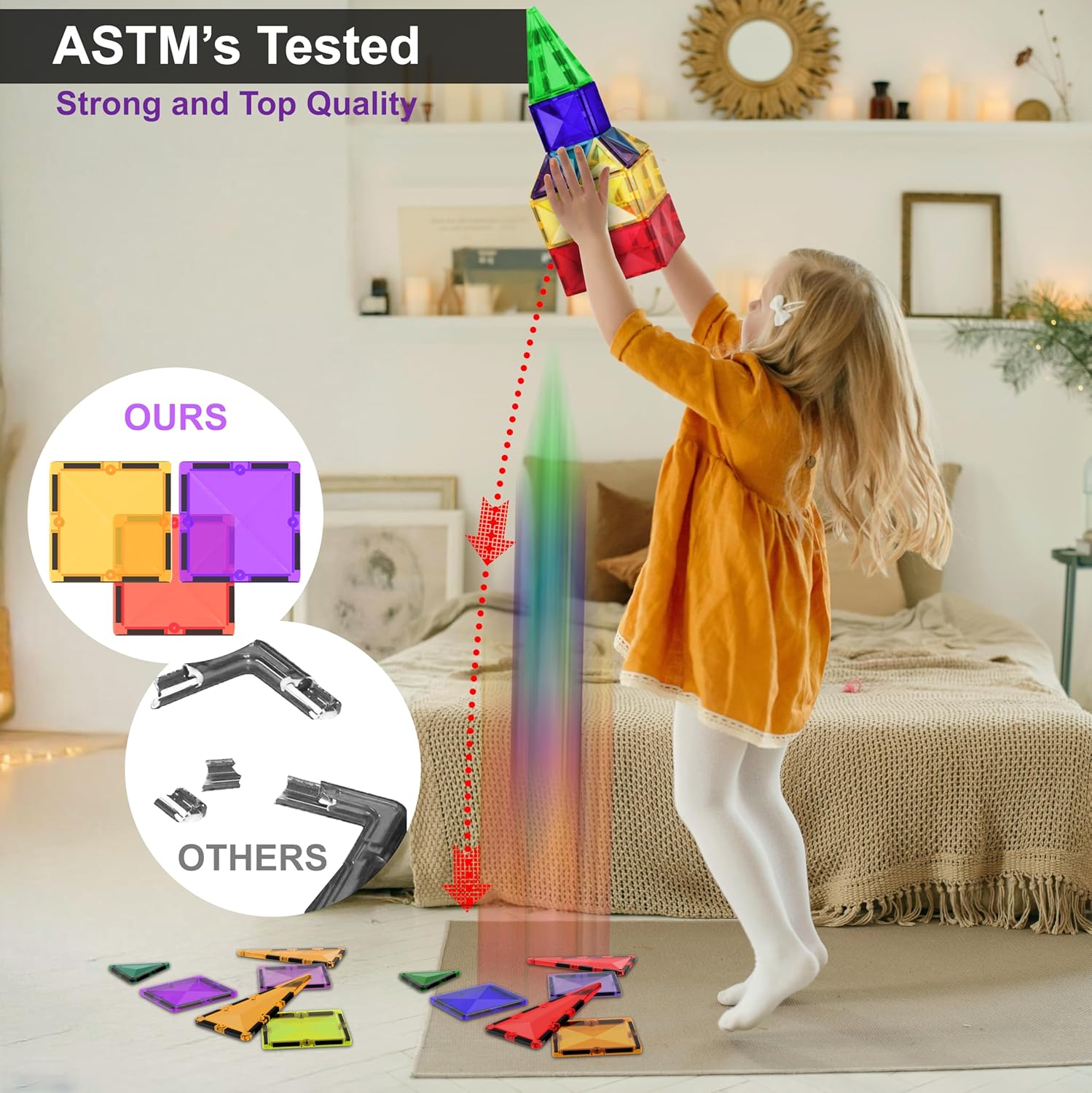 Magnetic Tiles Building Blocks Toy - STEM Educational Magnet Set for Kids, Creativity Preschool Learning Sensory Montessori Toddler Toys for Boys & Girls 3+ Years Old - 57PC