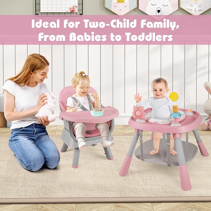 HONEY JOY 16-in-1 Baby High Chair, Convertible Highchair for Babies and Toddlers/Booster Seat/Activity Center with Toys, Building Block Table & Stool, Safety Harness, Removable Cushion & Tray (Pink)