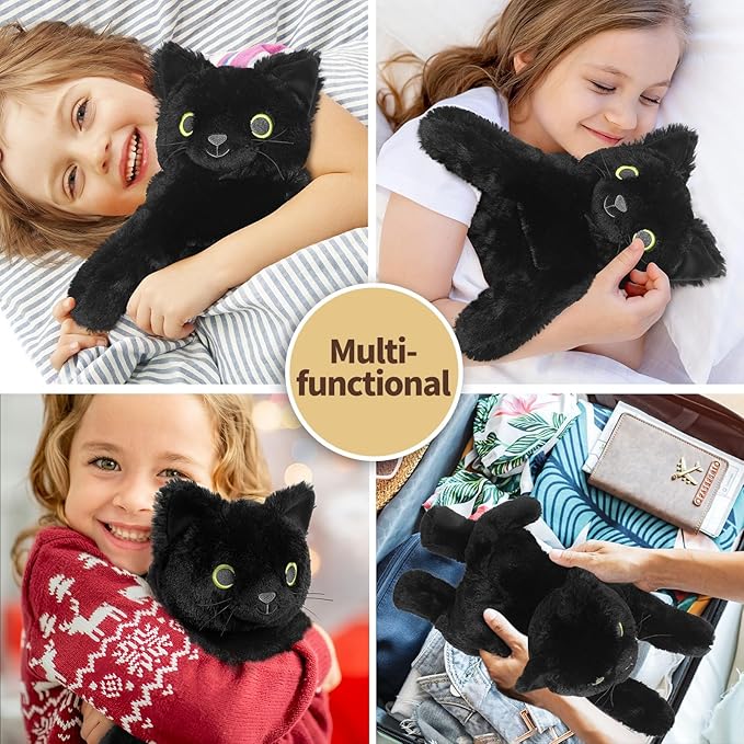 Black Cat Stuffed Animals, Microwavable Stuffed Animal Adorable Fluffy Cat Plush for Warmth & Comfort, Heatable Coolable Lavender Scent Cat Toy, Cute Soft Plushies Cat Gifts for Kids Boy Girls & Adult