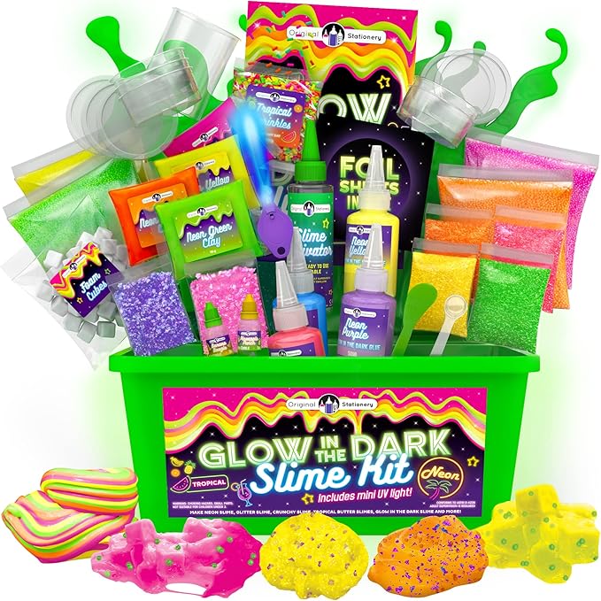 Original Stationery Tropical Glow in The Dark Slime Kit - Multicolor - for Girls & Boys Ages 7 Years and Up - Includes Glow Powder, Foam Beads & Glitter for Neon, Crunchy & Jelly Cube Slimes