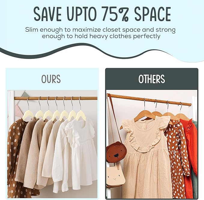 25 Premium Kids Velvet Hangers - 14" Non-Slip Clothes Hangers for Kids & Preteens - Ultra Slim, Space-Saving, Strong & Durable Hangers with 360° Swivel Hook - Beige