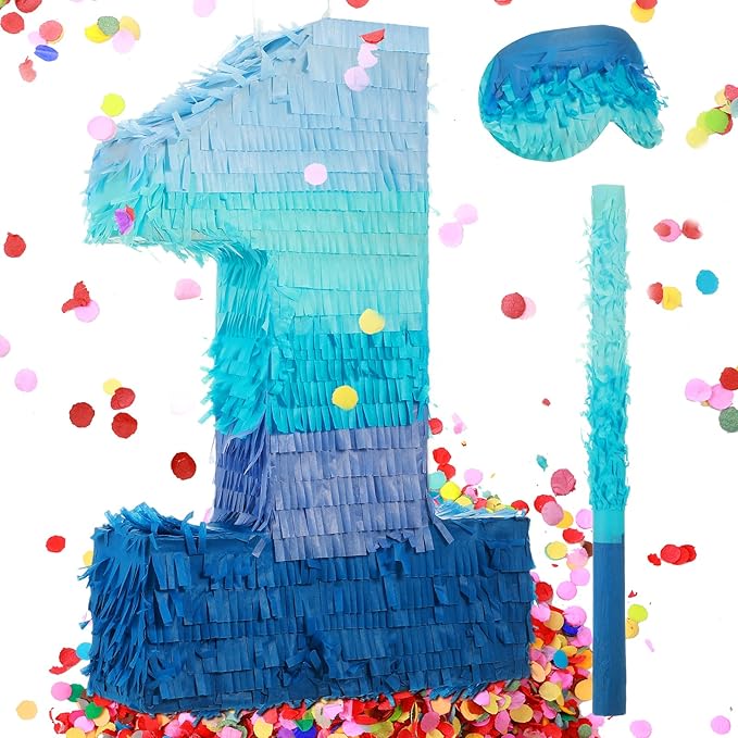 Sratte Number 1 2 3 4 5 6 7 8 9 Piñata with Stick Blindfold Confetti, Gradient Blue Piñata for Kids Boys Girls Birthday Party Anniversary Decorations Supplies(Number 1)