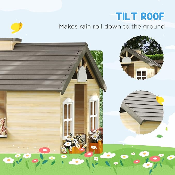 Outsunny Wooden Playhouse for Kids Outdoor Garden Pretend Play Games, Adventures Cottage, with Working Door, Windows, Bench, Service Station, Flowers Pot Holder, for 3-7 Years Old