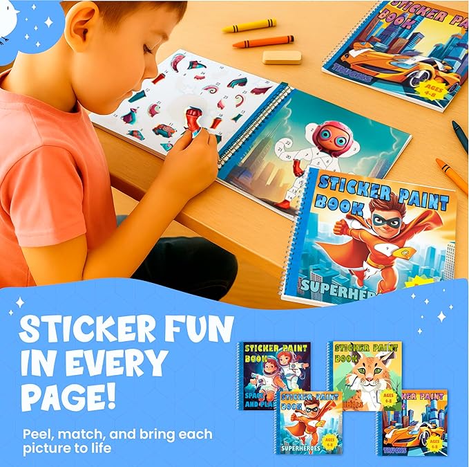 BulbaCraft 4Pcs Sticker Paint Books for Boys - Sticker Books by Number with Superheroes, Trucks, Animals and Space - Coloring Activity for Kids