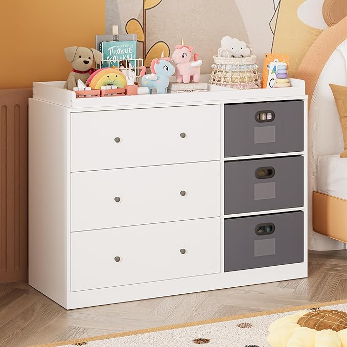 White Nursery Dresser with Changing Top, Baby Diaper Changing Station with 3 Fabric Drawer, Safety Rail & Nursery Organizer, Modern Dressers for Bedroom (47.2" W x 18.9" D x 36.1" H)