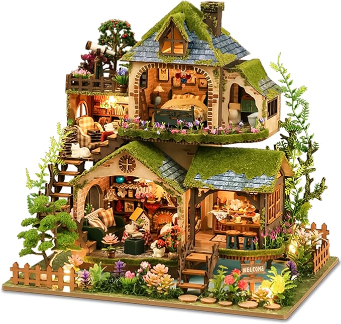 Spilay Miniature Dollhouse Miniature House Kit,DIY Kit Mini Modern Villa Model with Music Box ，Best Christmas Birthday Gift.(Forest Adventures)