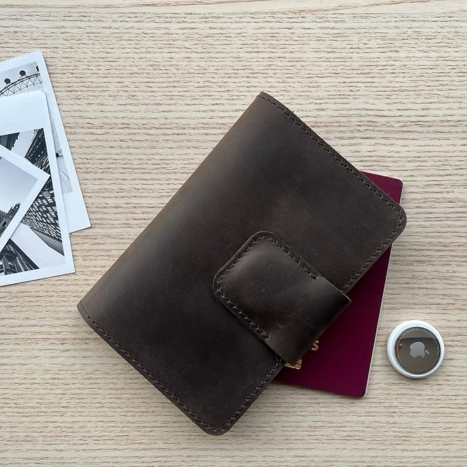 Passport Holder Compatible with AirTag Family Passport Holder Wallet for 2, 3, 4 Made from Premium Full Grain Leather and Wool Felt Brown Color. CITYSHEEP
