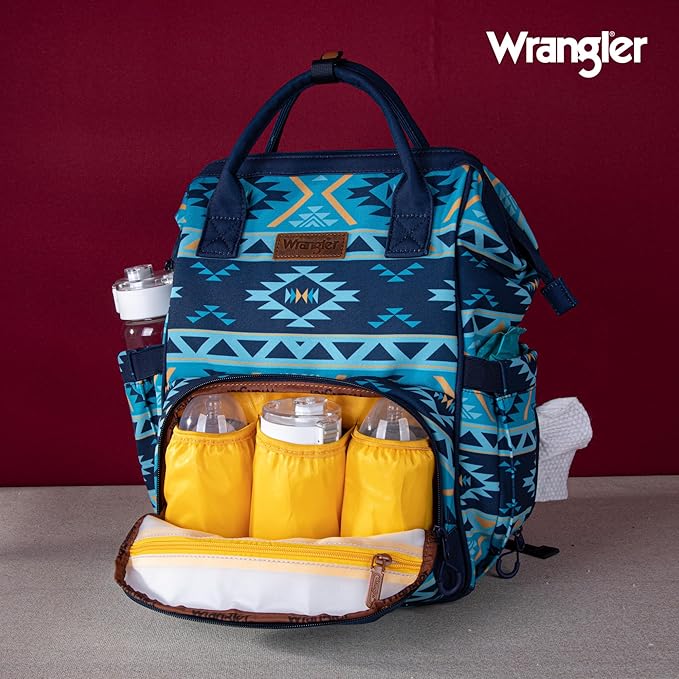 Wrangler Diaper Bag Backpack Aztec Travel Backpack Purses Western Multi-Function Baby Bags for Mom with Waterproof Insulated Pockets