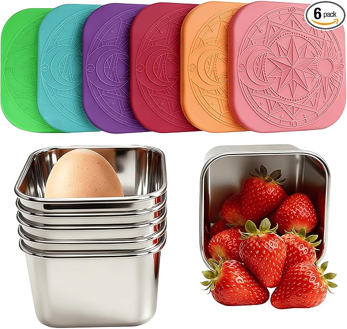 6Pack Stainless Steel Snack Containers for Kids, 6oz Easy Open Sauce Leak Proof Small Food Storage Container with Silicone Lids, Stackable Metal Toddler Lunch Box for Daycare, School and Travel