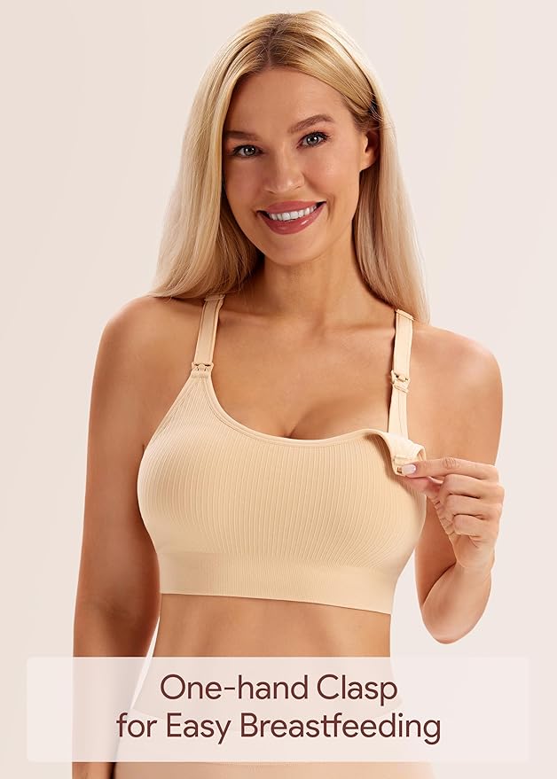 Angelhood Nursing Bras for Breastfeeding, Ribbed Nursing Sports Bra Yoga Maternity Bras Pregnancy Sleep Bralette