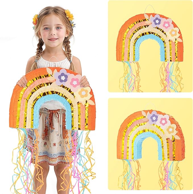 WERNNSAI Rainbow Pinata - Rainbow Pull String Pinata with Bundle with Blindfold and Bat for Girls Kids Piñata Boho Theme Birthday Party Decoration Game for Baby Shower Carnival Summer Party Supplies