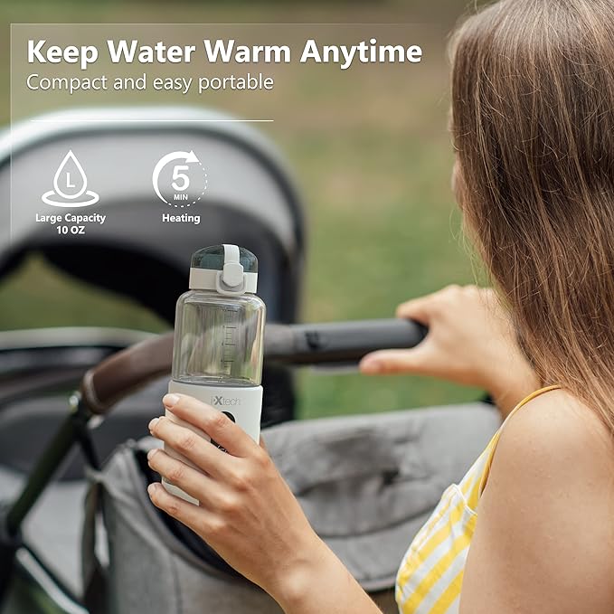 IXTECH Portable Water Warmer for Baby Formula, Milk Warmer for Travel, 10 oz., Electric Warming with Adjustable Temperature Control, Leak-Resistant Spout, Rechargeable and Wireless