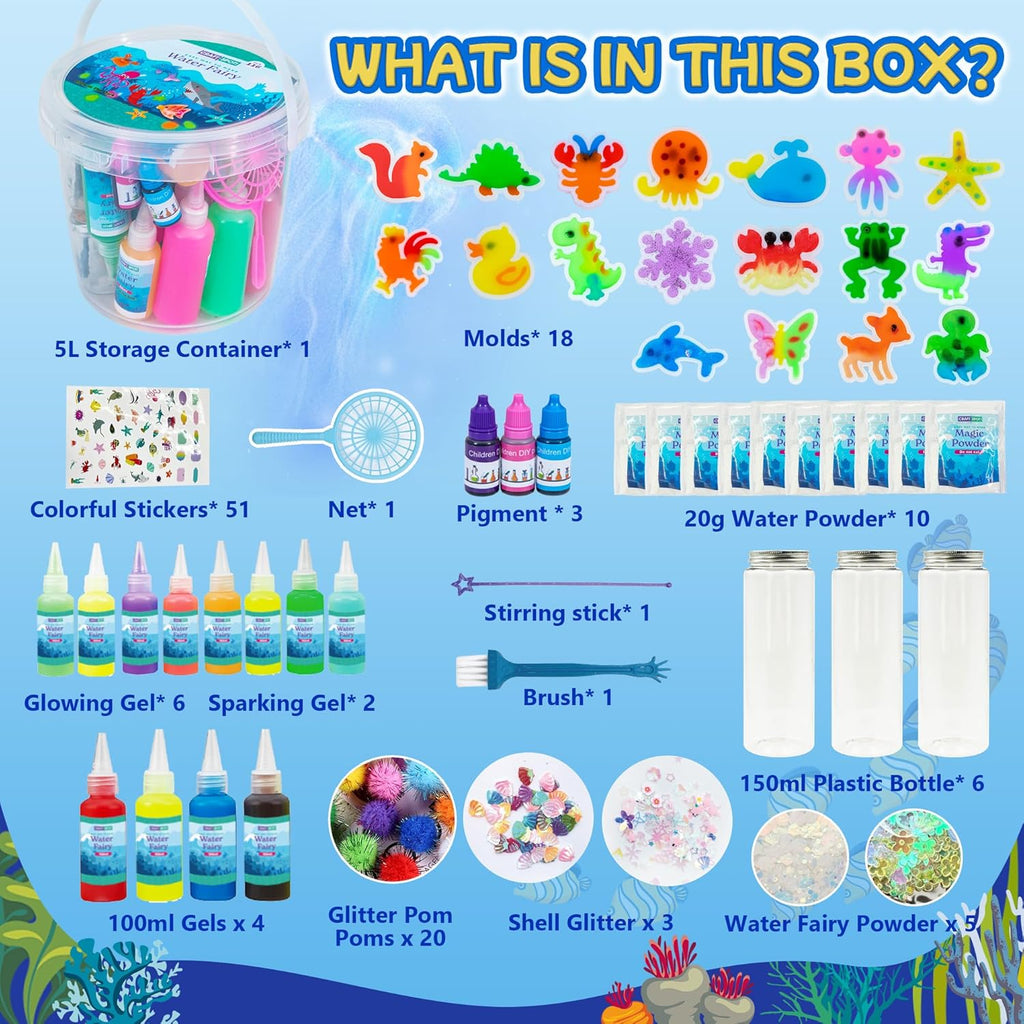 Make 3 Sensory Bottle, Glow-in-The-Dark Magic Gel Water Fairy Toy, DIY 100+ Aqua Water Squishy kit with 18 Shape Molds, 100ml Gels, 5L Bucket, Shell, Glitter, Pom-Poms, Arts Crafts for Kids