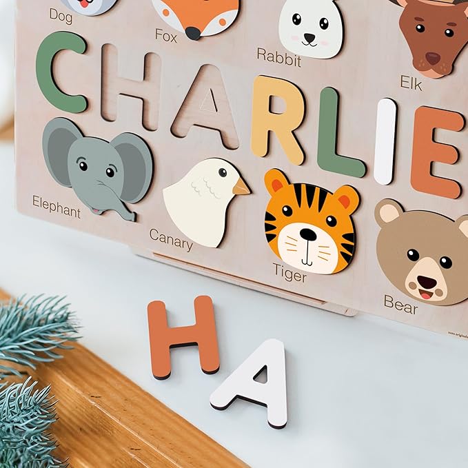 Personalize Name Puzzle for Toddler with Animal, Baby Gift for Girl and Boy 0 1 2 3 Year Old, Personalized Puzzle for Kid, 1 Year Old Kid Gifts, Customized Baby Gift, Educational Name Toy