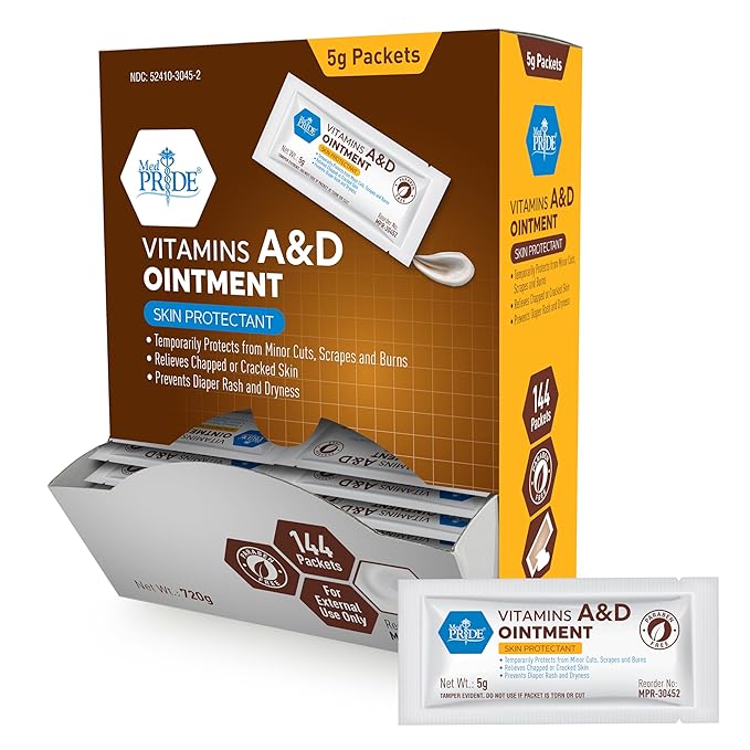 MED PRIDE Vitamins A&D Ointment Packets for Skin Relief -Vitamin A & D Skin Protectant Ointment, 5g Packets, 144-Count, for Body Chaffing, Diaper Rash, Cuts, Dry-Cracked Hands/Feet/Face