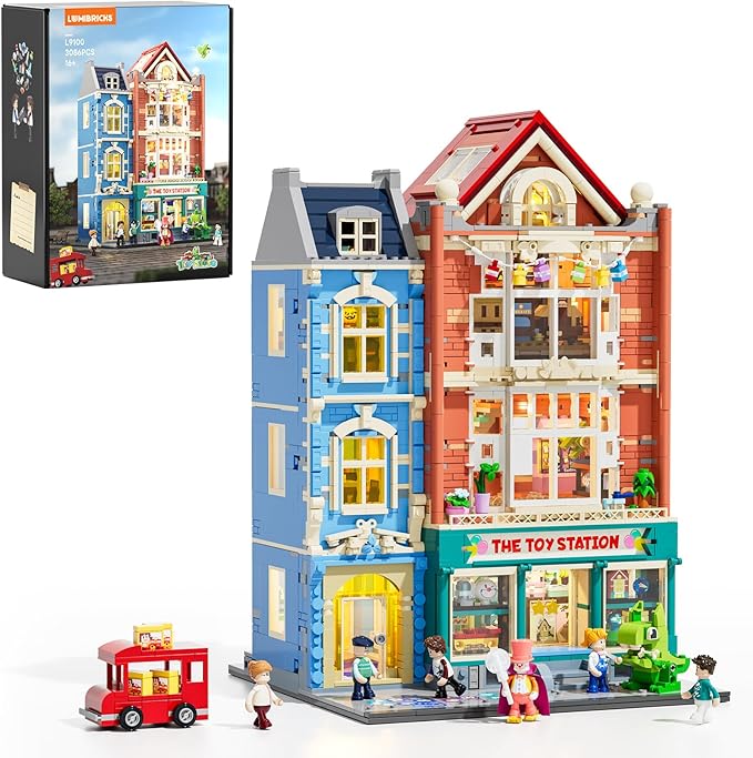 Toy-Store Lighting Building-Bricks Set – City Town Modular Townhouse Toy Shop Dollhouse LED Light Display Model 3086 Pcs Construction Kit for Adults and Teens